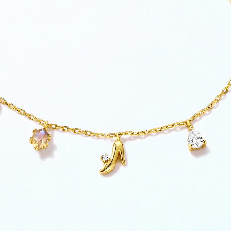 Fairy Tale Princess High Heels Shoe Zircon Blue Spinel Sterling Silver Bracelet