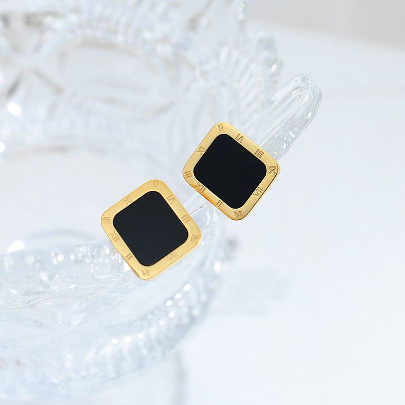 Luxurious Roman Numeral Square Stud Earrings in 18K Gold Plating