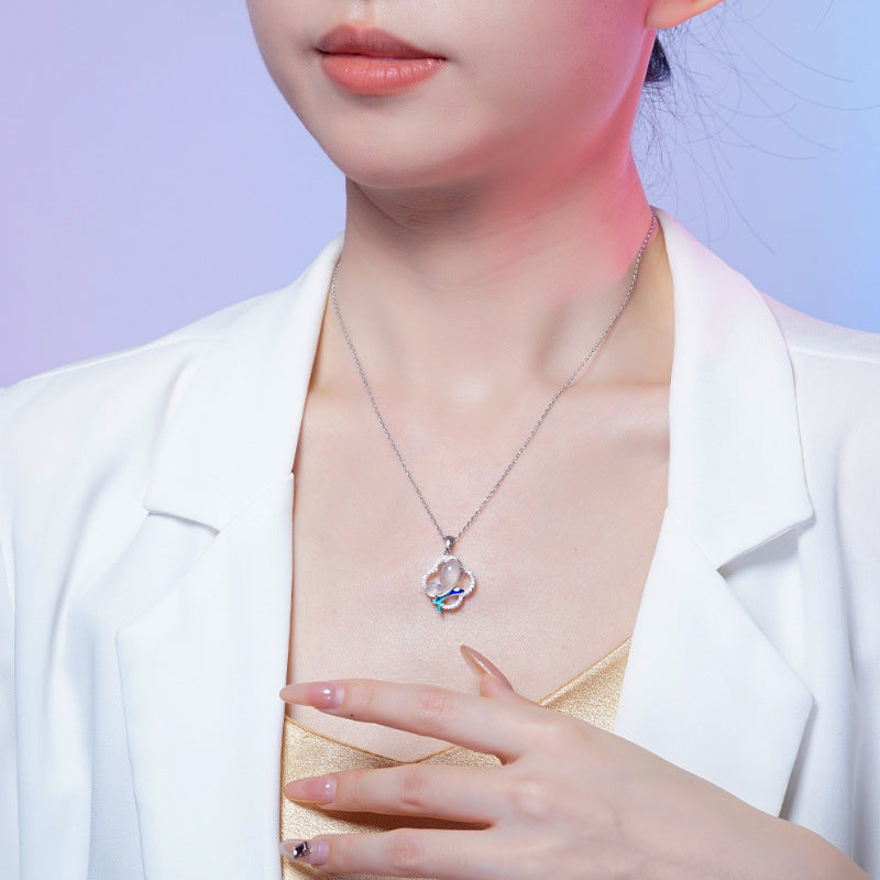 S925 Sterling Silver Natural Chalcedony Four-Leaf Clover Necklace