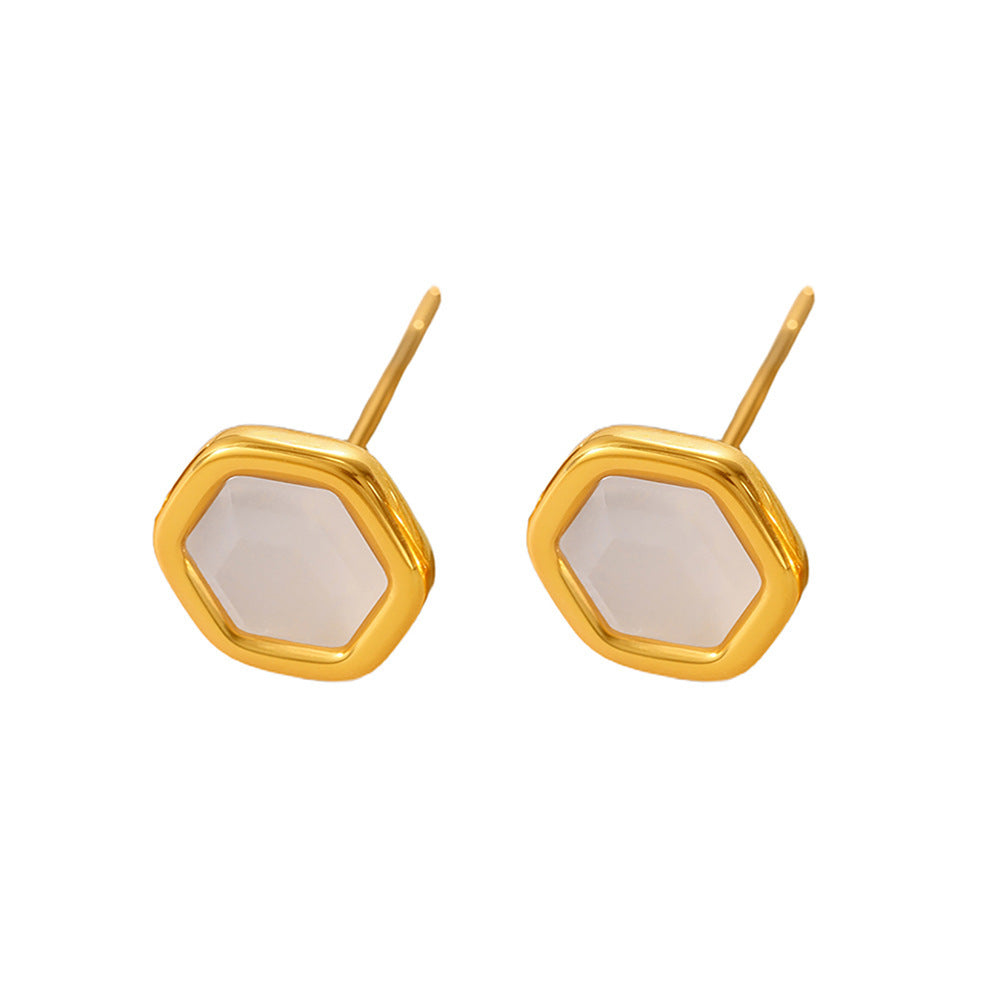 Planderful Opal Hexagon Stud Earrings Women 18K Gold Plated