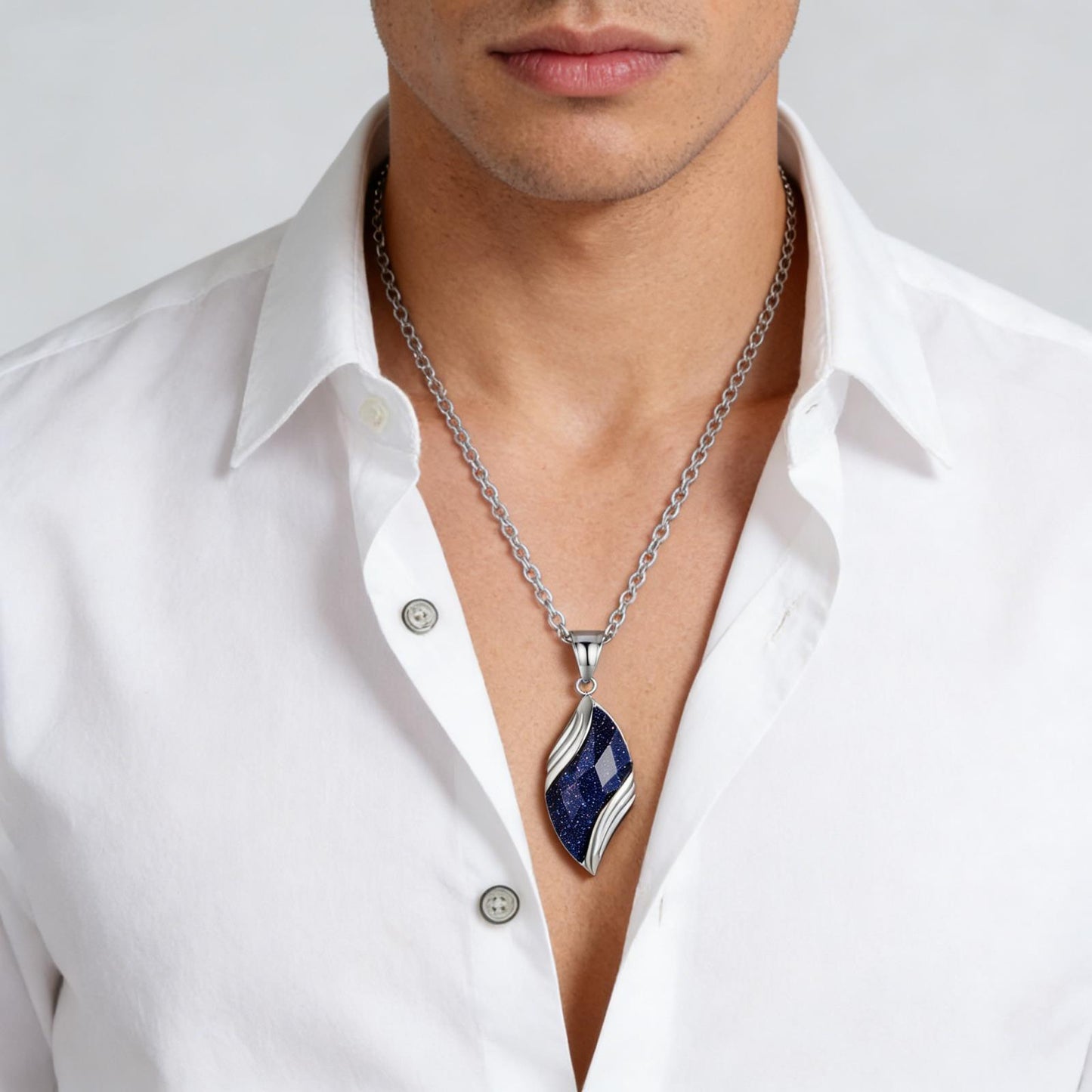 Planderful Blue Sandstone Necklace For Men With Leaf Pendant Titanium Steel Fade Resistant