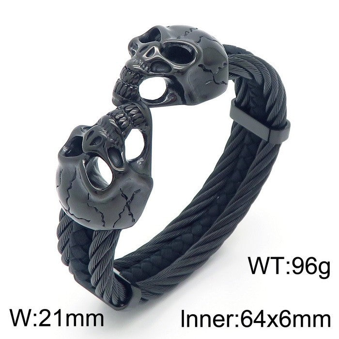 Planderful Mens Skull Wolf Head Steel Leather Bracelet