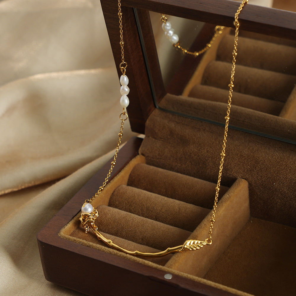 Elegant Titanium Steel Rose Pendant Necklace with Freshwater Pearl - Fashionable Jewelry from Planderful Collection