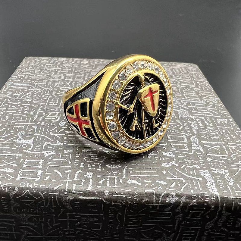 Planderful Gold Titanium Steel Ring For Men Bold Retro Templar Red Cross Shield Everyday Genie