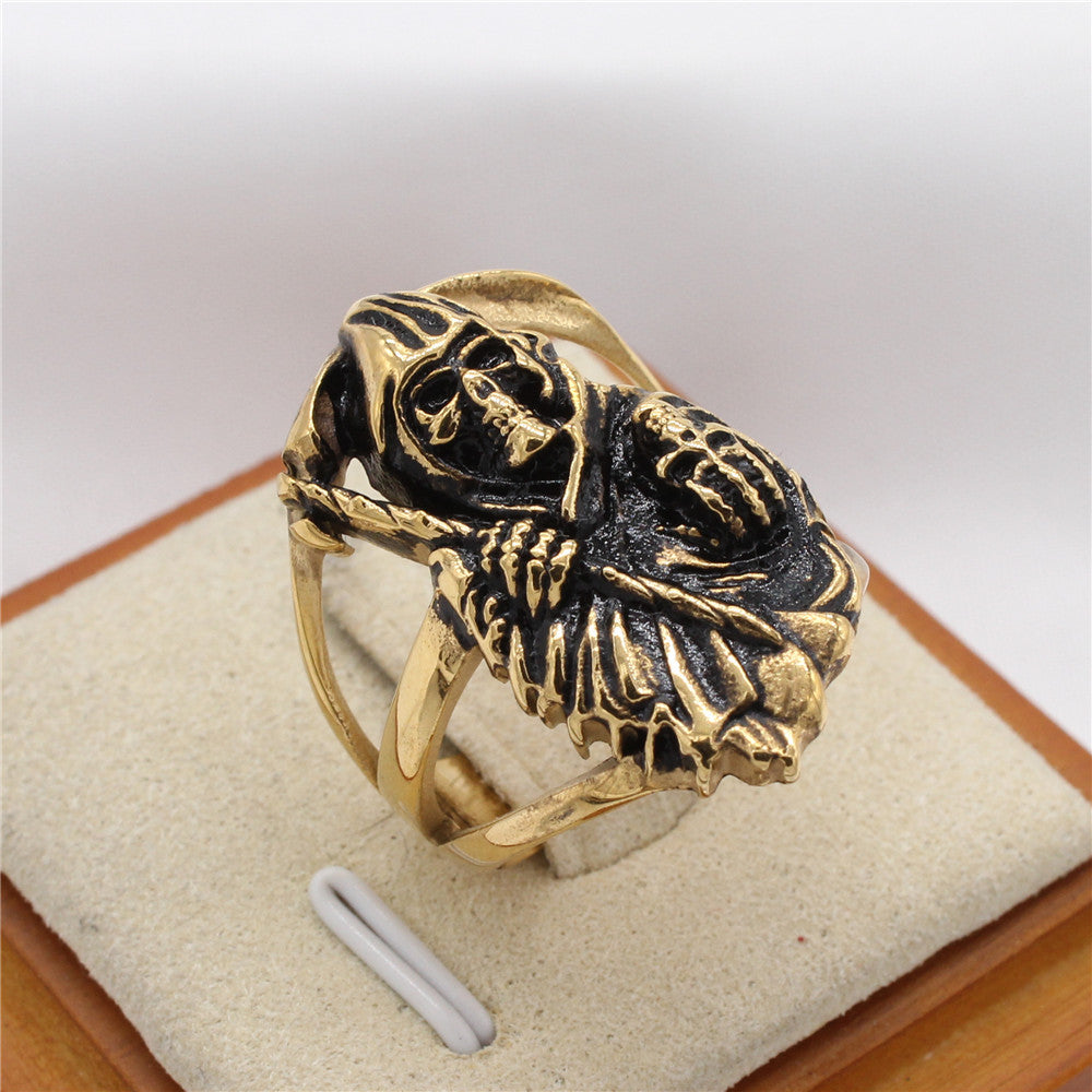 Planderful Titanium Skull Ring Unisex Retro Sickle Design Protection Statement For Gothic Lovers