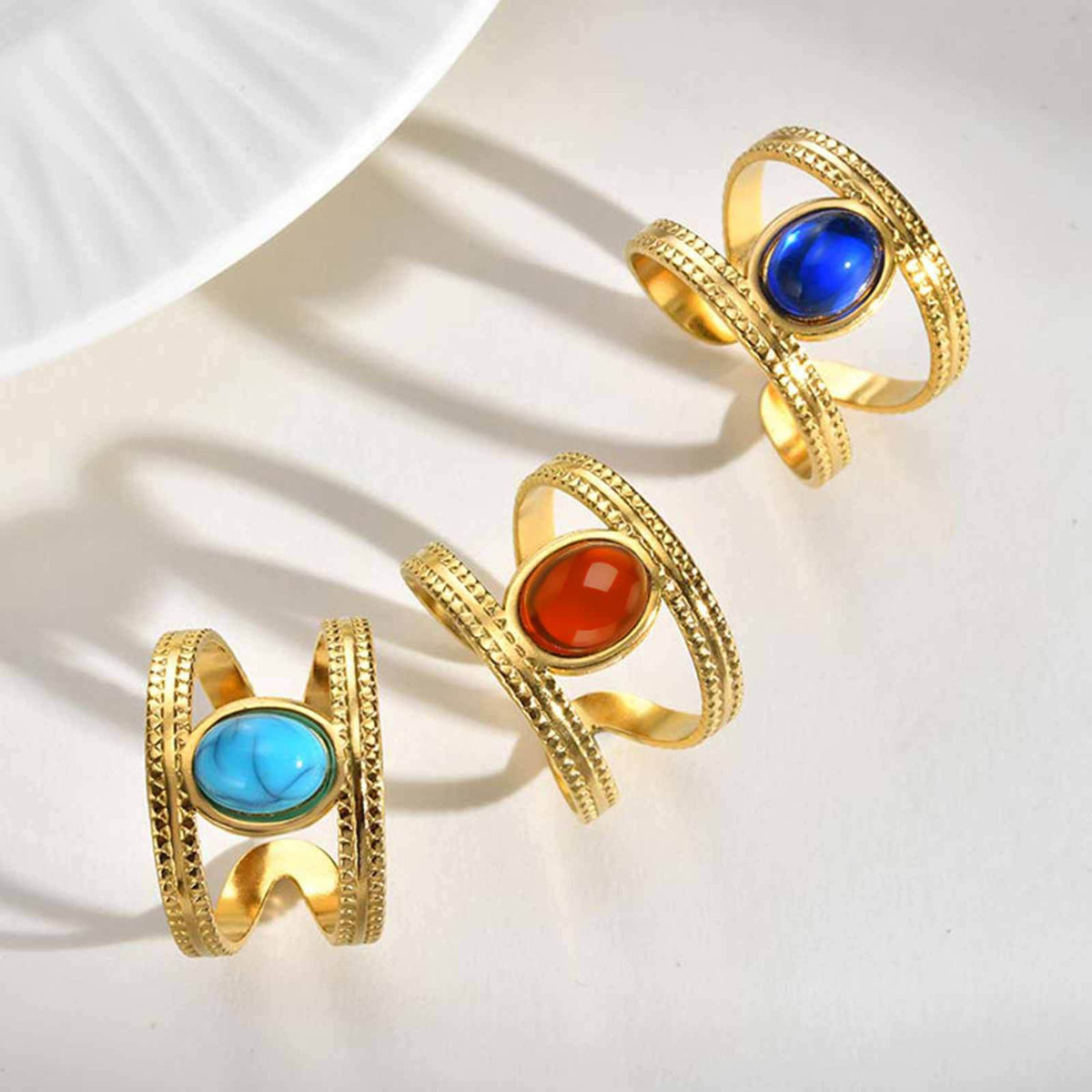 Stainless Steel French Color Amber Stone Double Open Ring