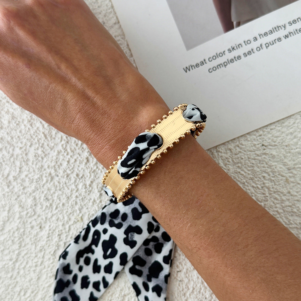 Planderful Collection Vienna Verve Bracelet For Women Hammer Pattern Wide Surface Opening Leopard Print Silk Scarf