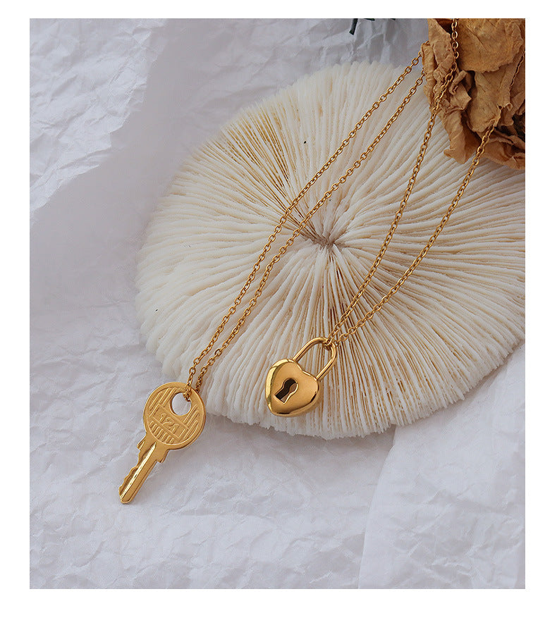 French-Inspired Titanium Steel Key Lock Pendant Necklace with 18k Gold Chain - Couple Necklace Set