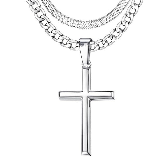 1. Planderful Cross Pendant Necklace Titanium Steel For Men Cuban Chain Double Layer Hip Hop Style Gift