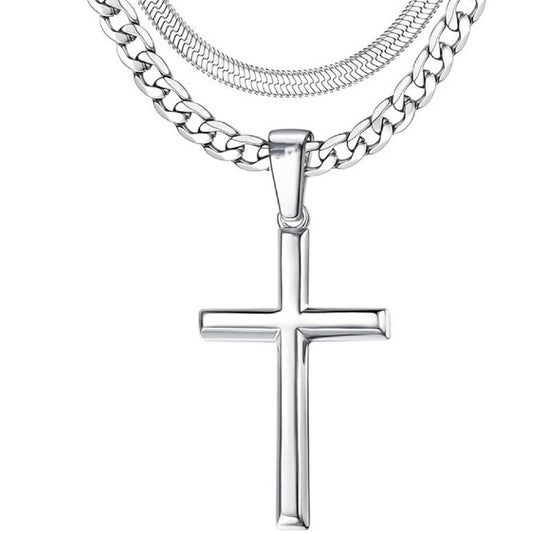 1. Planderful Cross Pendant Necklace Titanium Steel For Men Cuban Chain Double Layer Hip Hop Style Gift