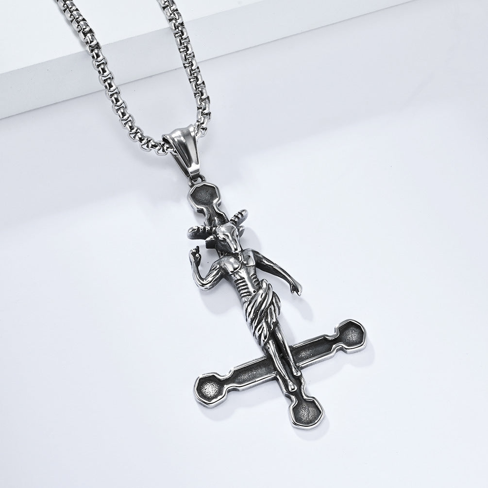 Cross-Border European And American Retro Style Devil Satan Goat Reverse Cross Necklace Niche Personality Pendant For Men