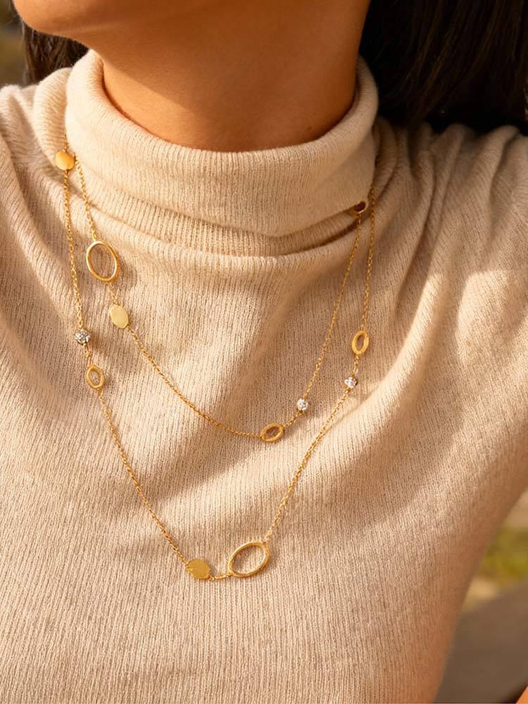 Stainless Steel Autumn & Winter & Double-Layer Imitation Pearl Round Zirconium Necklace