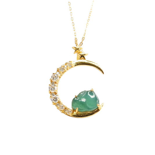 S925 Sterling Silver Necklace with Ice Blue Green Jadeite Rabbit Pendant and Zircon Moon