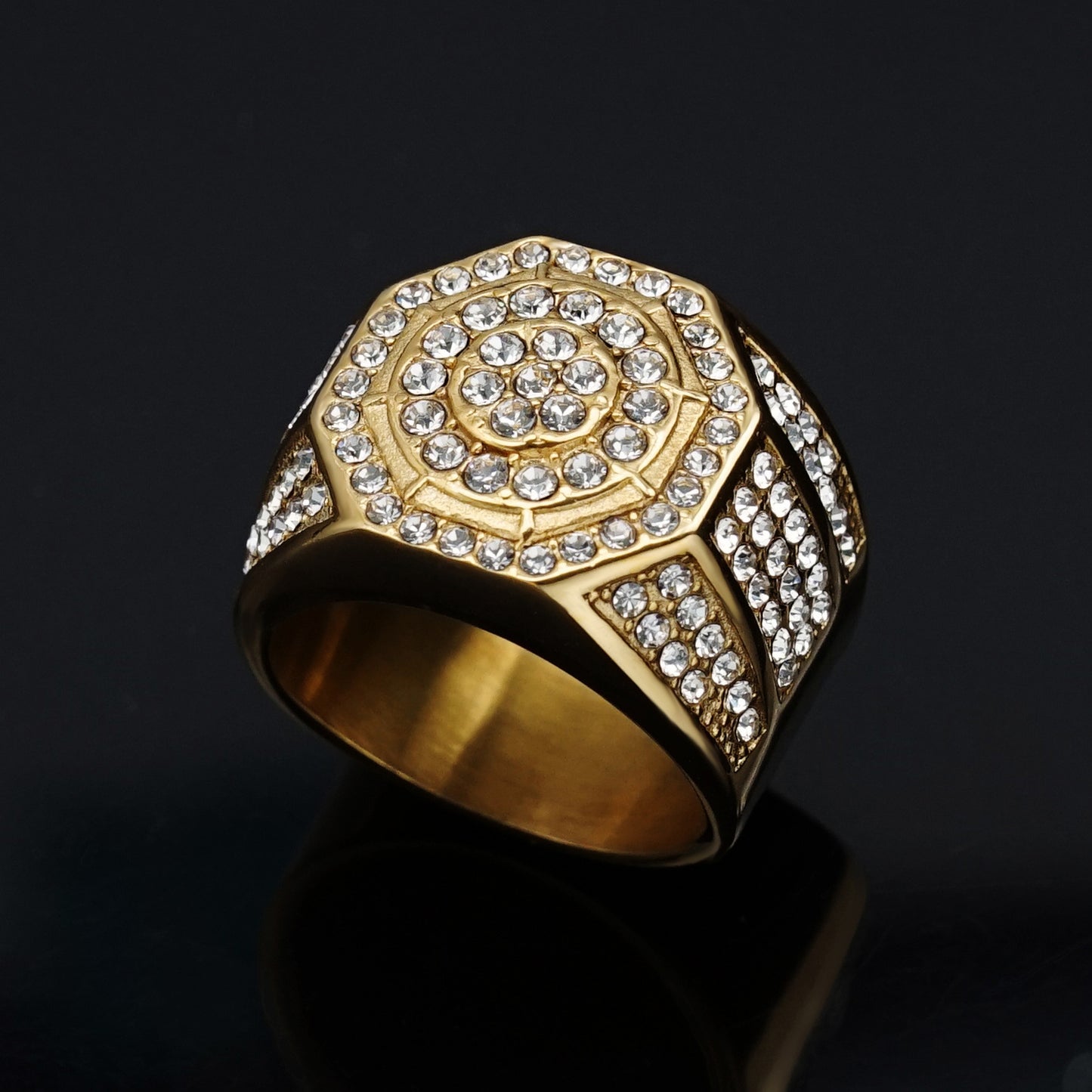 Planderful Stainless Steel Octagon Ring With Zircon Stones Hip Hop Luxury Bold Unisex Statement For Men And Women