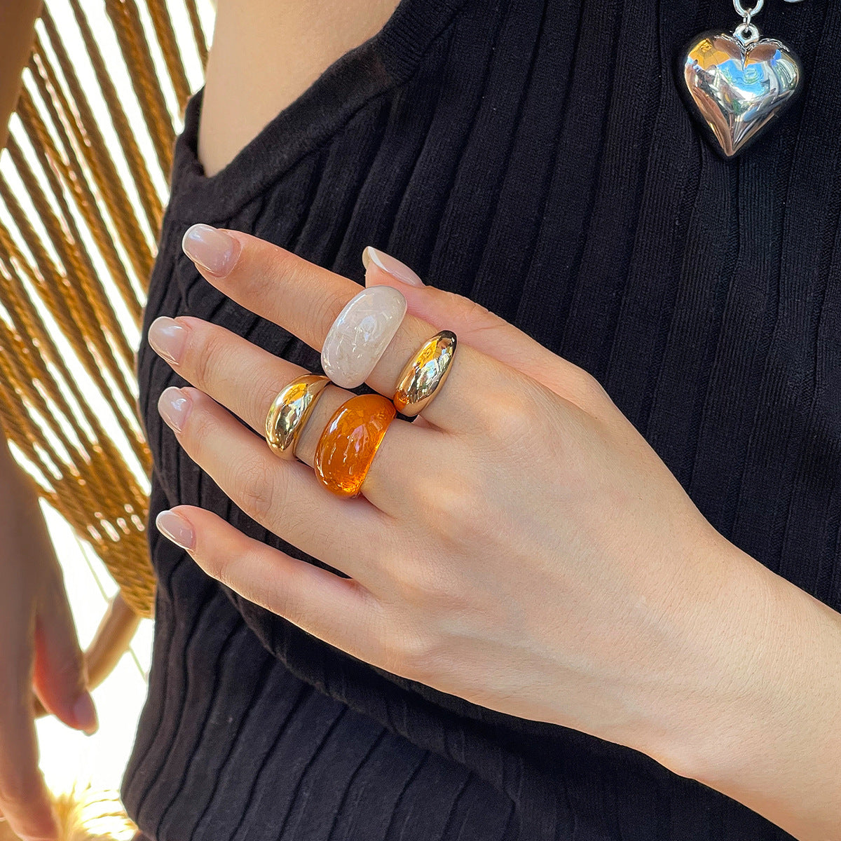 Planderful Vienna Verve Geometric Resin Open Ring Set For Women Statement Colored Jewelry