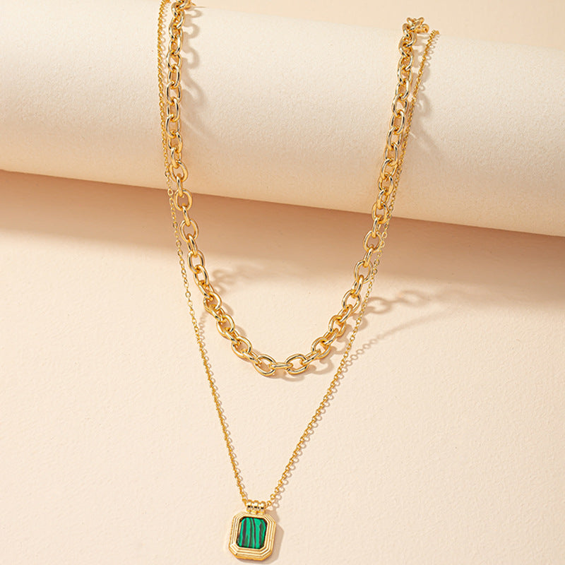 Peacock Stone Pendant Necklace with Turquoise Collarbone Chain