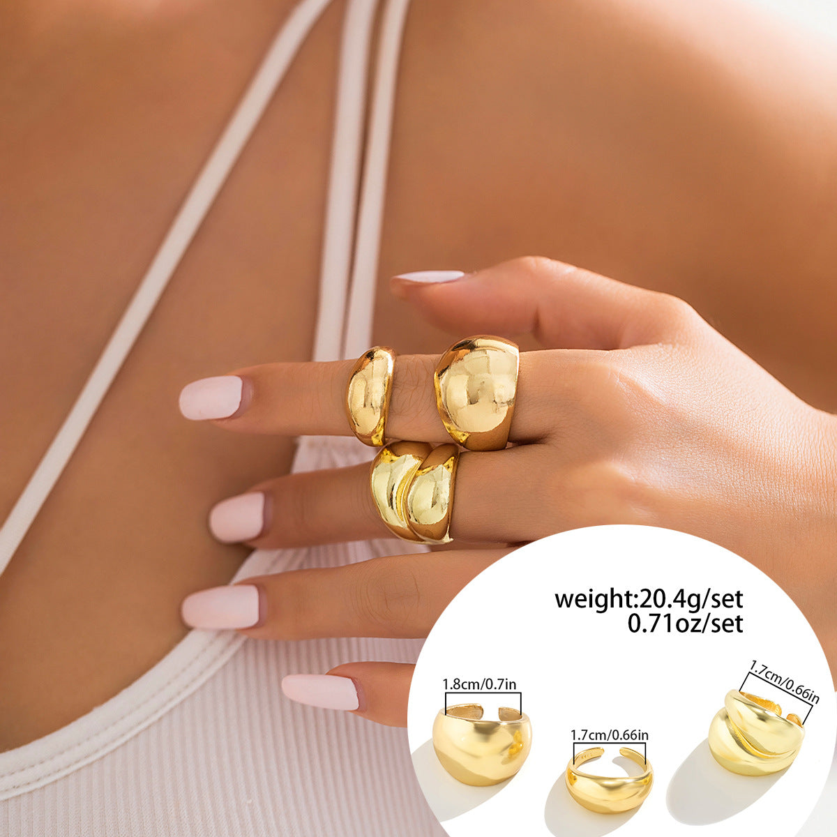 European and American Jewelry Collection: Glamorous Glossy Ball Ring Set with Open Round Design, Unique Geometric Curved Hand Accessory