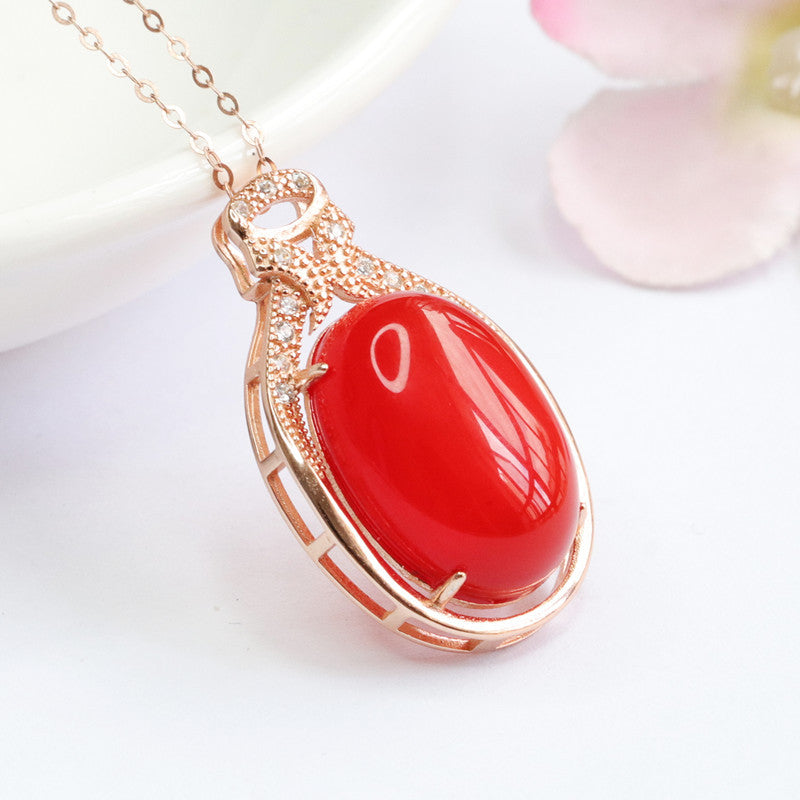 Pigeon Egg Red Agate Necklace with Zircon Rose Gold Detail