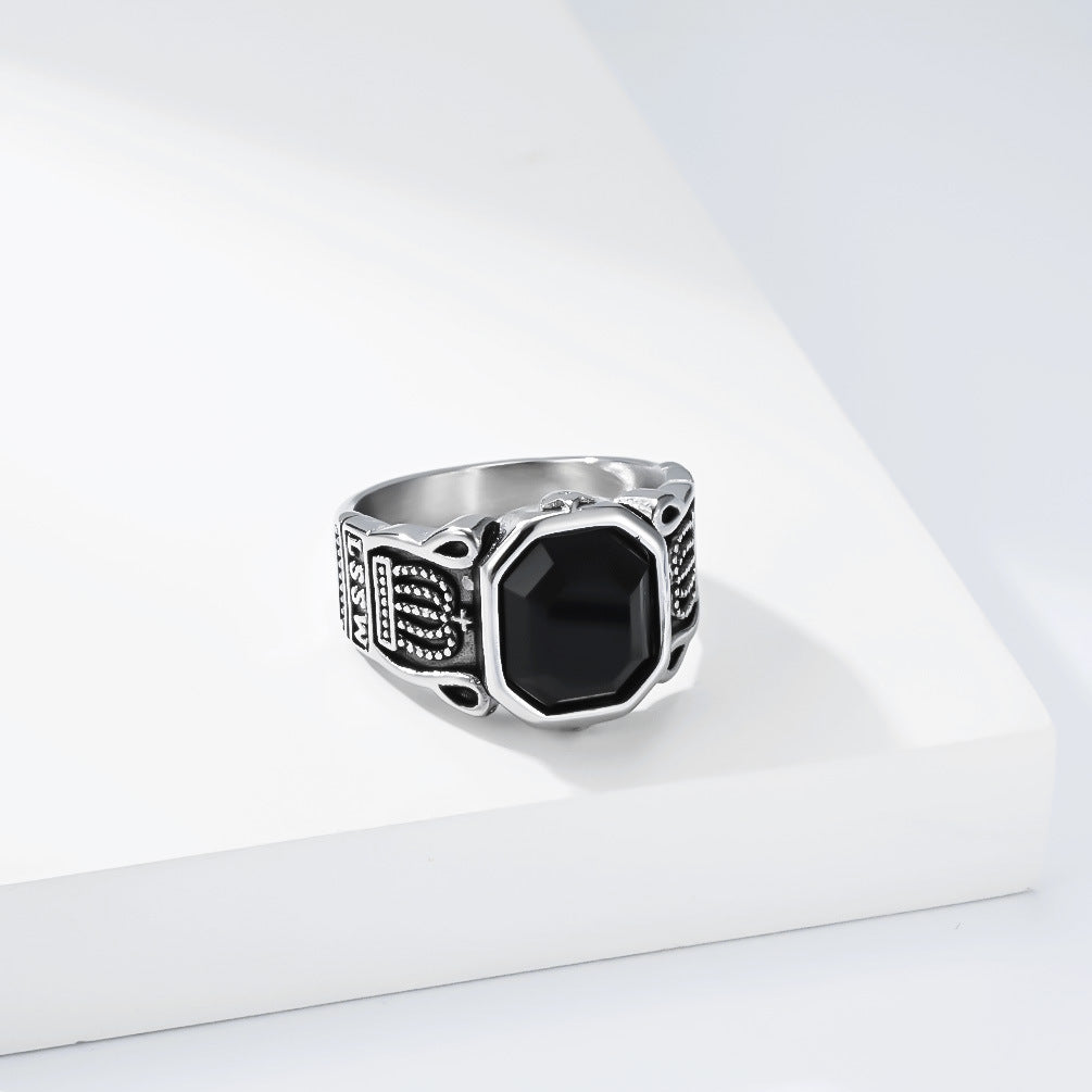 Stainless Steel Black Gemstone Crown Men's Ring