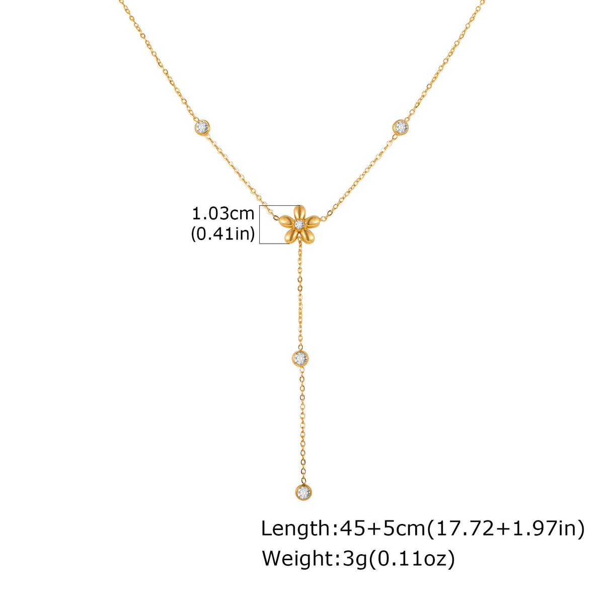 Stainless Steel Long Fringed Chain Necklace White Zircon Flower Y-Shaped Necklace