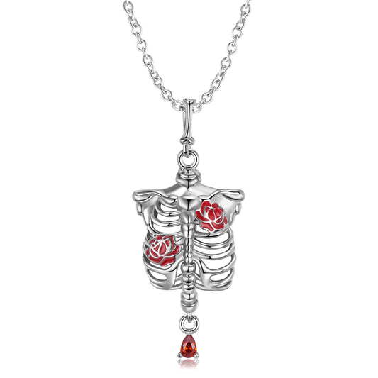 Halloween Rose Skull Skeleton Pendant Zircon Silver Necklace