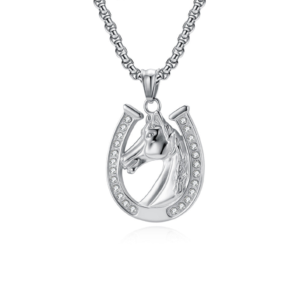 Planderful Horseshoe Necklace With Horse Head Pendant Street Hip Hop Jewelry For Men