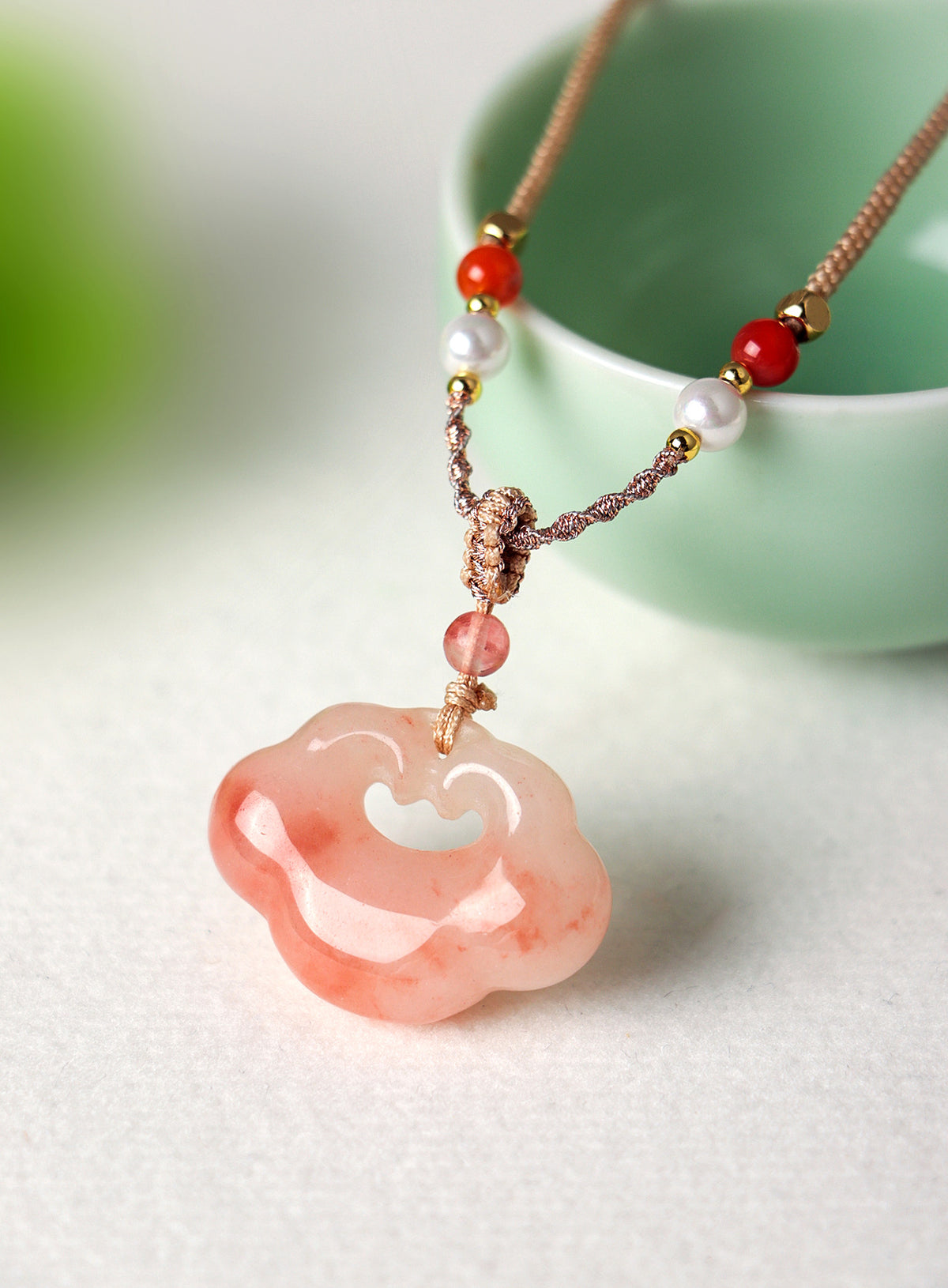 Agate Jade Pearl Ruyi Lock Pendant Necklace