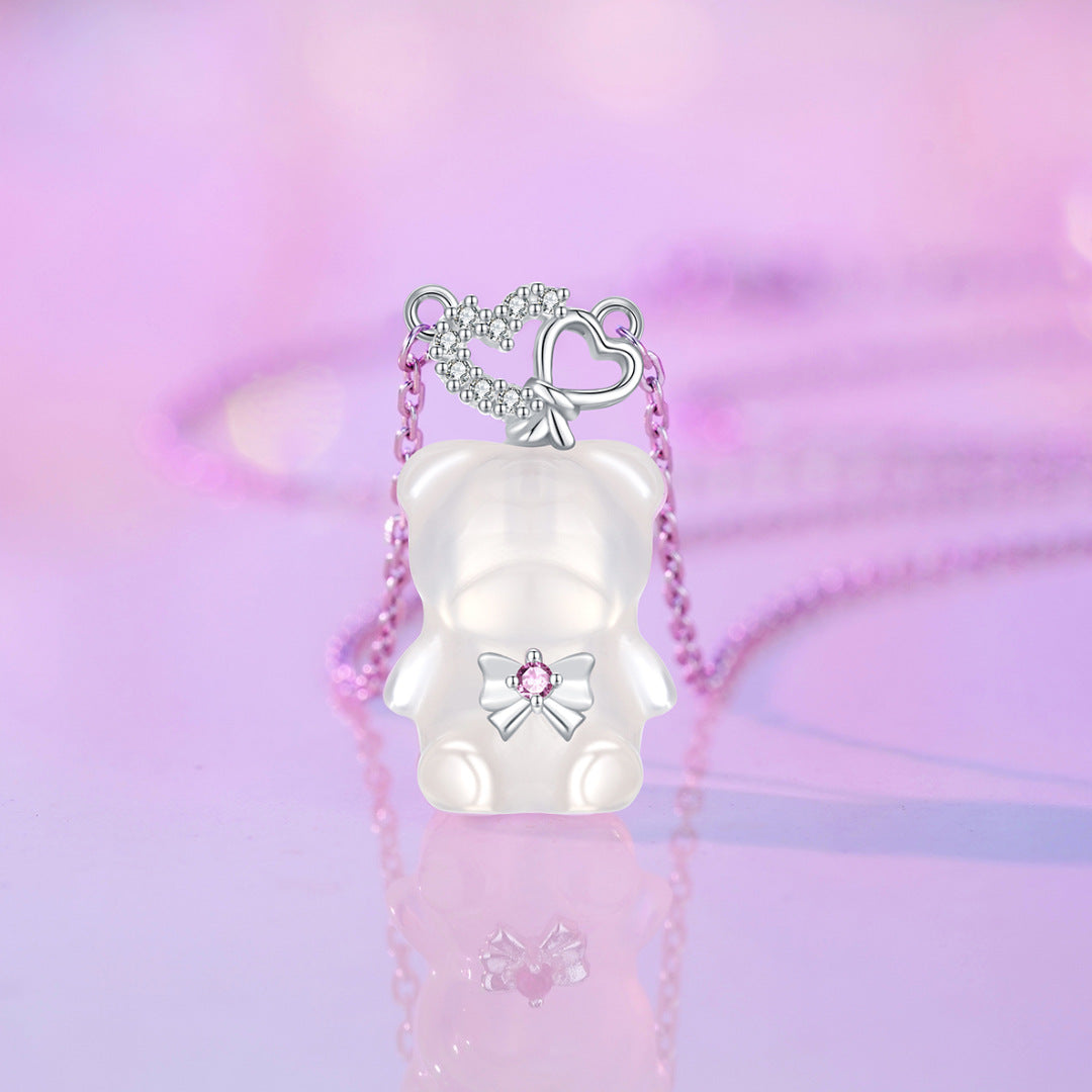 Planderful Love Sweetheart Bear S925 Sterling Silver Necklace For Women Chalcedony Collarbone Chain High End Design