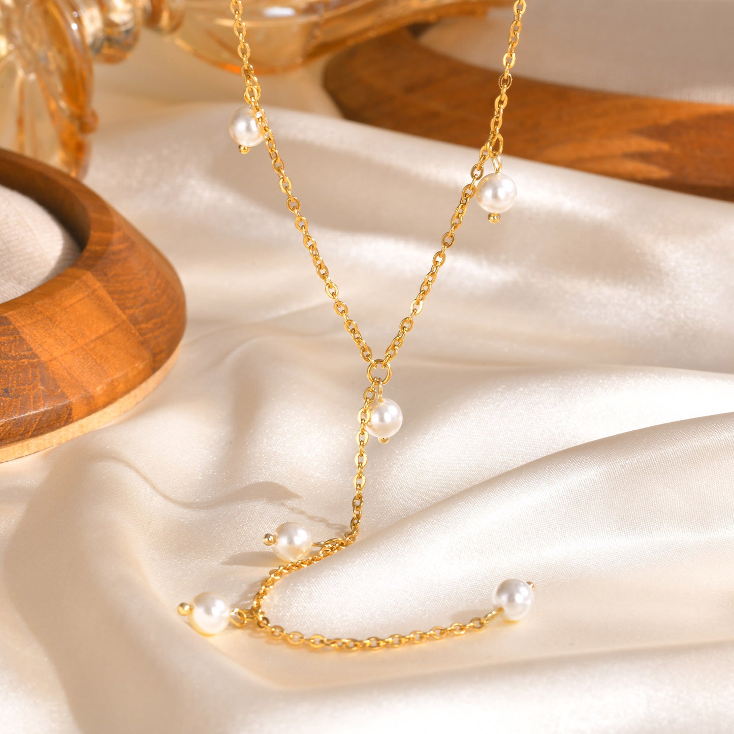 Stainless Steel Grinding Chain Imitation Pearl Fringed Y-Shaped Gold Necklace