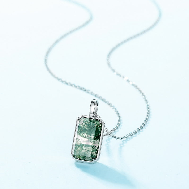 S925 Sterling Silver Moss Agate Pendant Necklace