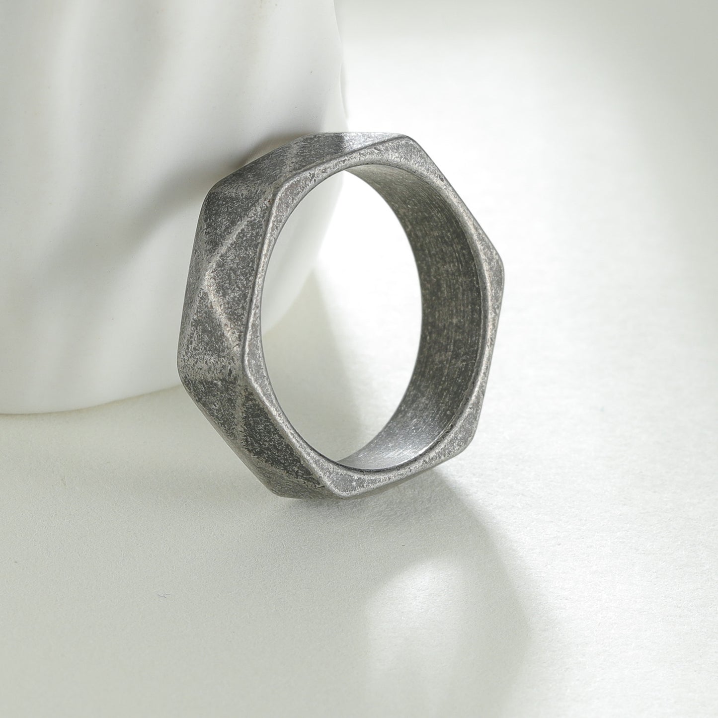 Planderful Titanium Steel Ring Unisex Hipster Rhombus Design With Mechanical Cut Surface Ancient Silver Finish