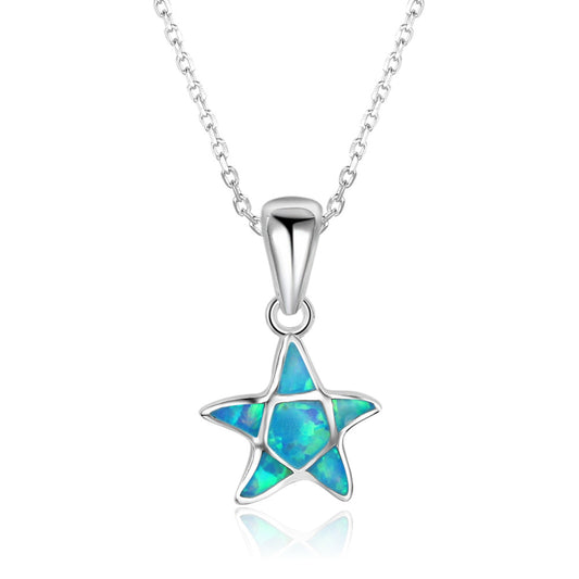 Planderful Jewelry Sterling Silver Opal Pendant Necklace With Blue Star Pentagram For Everyday Elegance