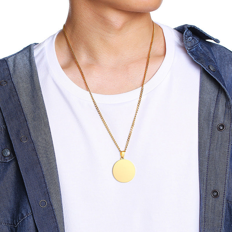 Stainless Steel Bare Body Round Card Pendant Black Men's Necklace