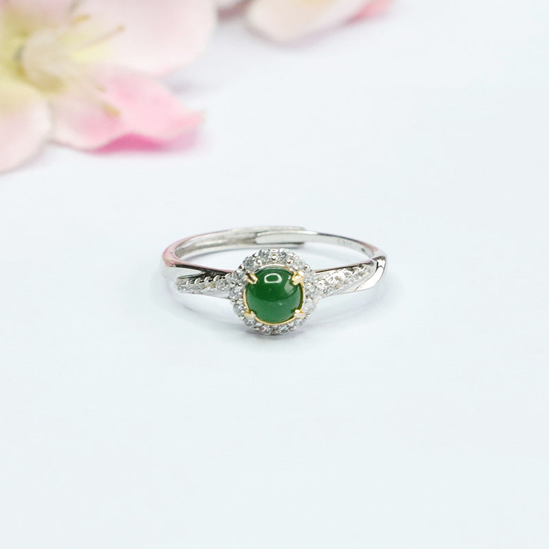 Emperor Green Jade Sterling Silver Zircon Ring With Adjustable Opening