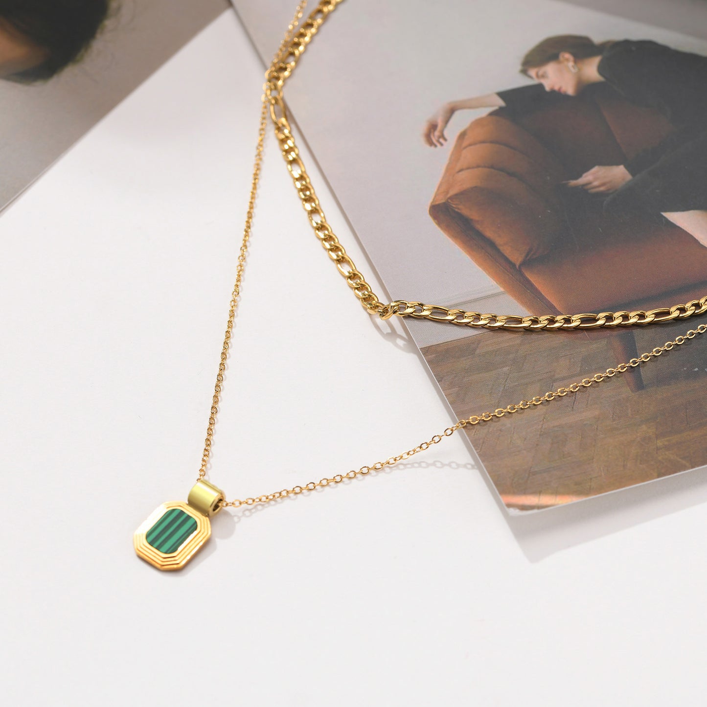 Stainless Steel Double Layer Geometric Square Tag Pendant Necklace