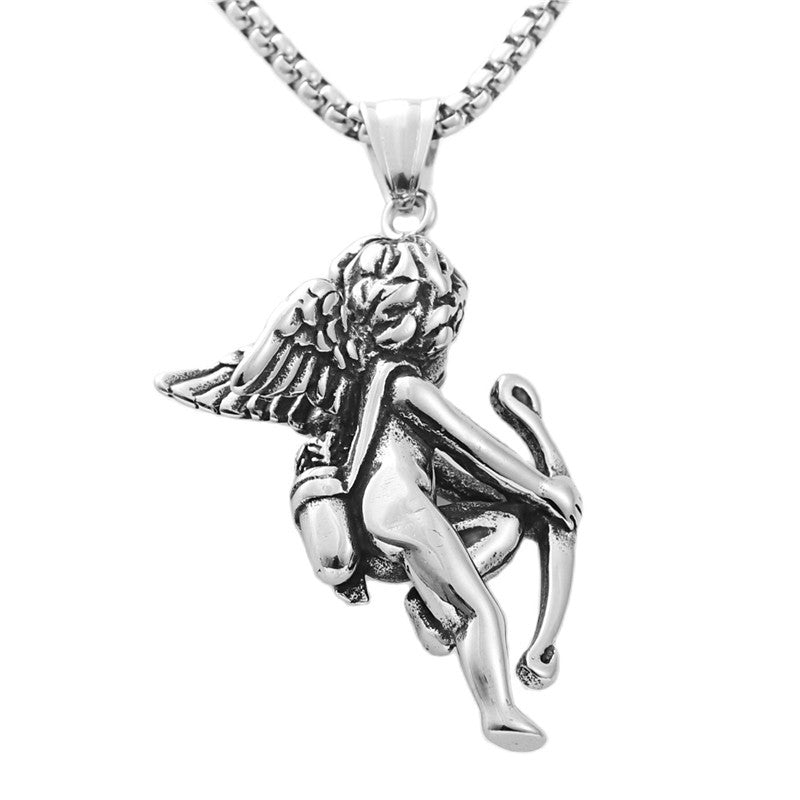 Titanium Steel Angel Pendant Necklace for Men - Retro Punk Style