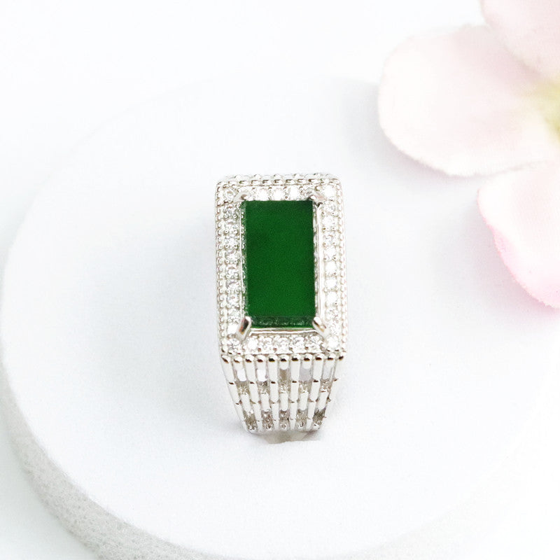 Sterling Silver Adjustable Imperial Green Jadeite Saddle Ring