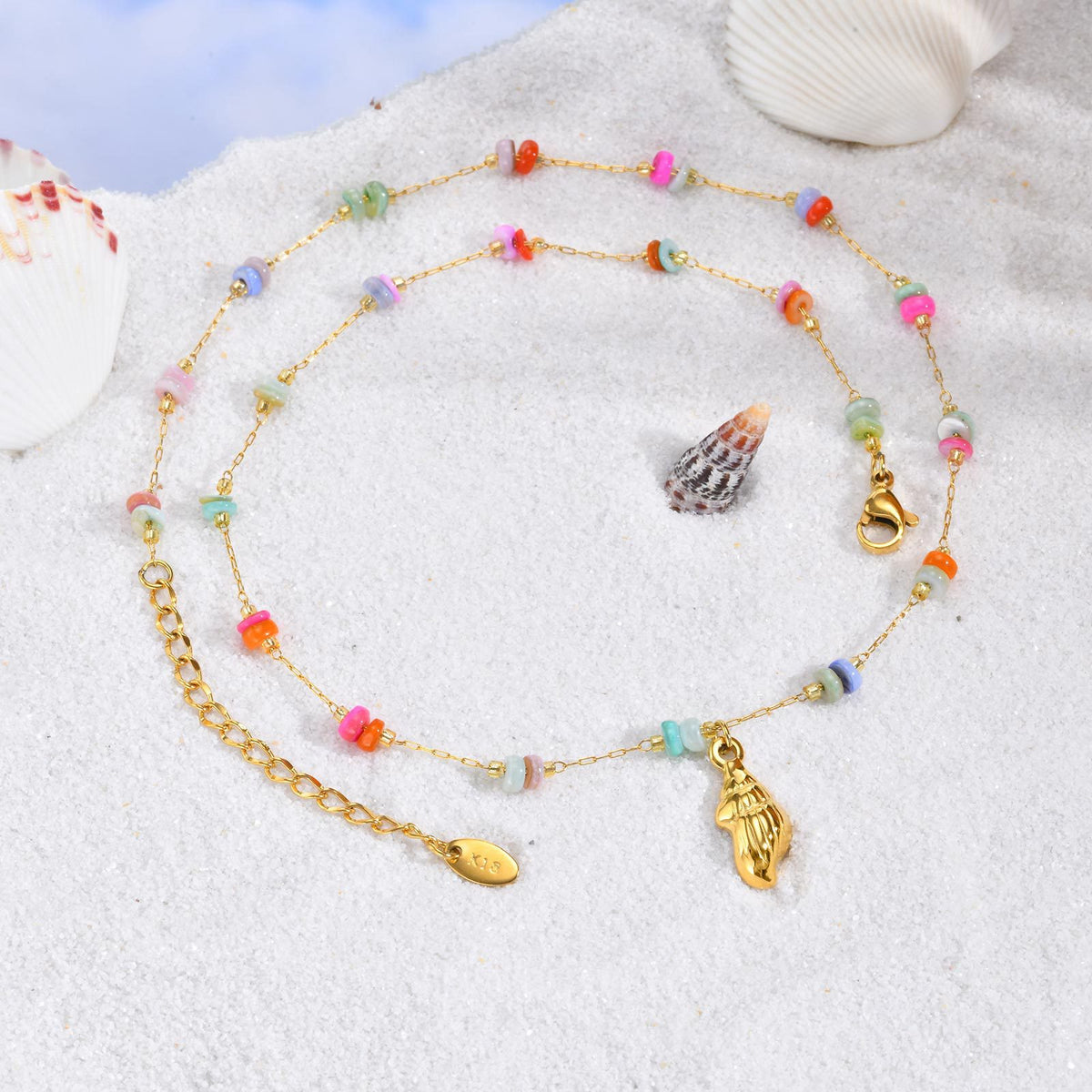 Summer Seaside Vacation Wind Small Fresh Ocean Wind Stainless Steel Colored Stone Conch Necklace