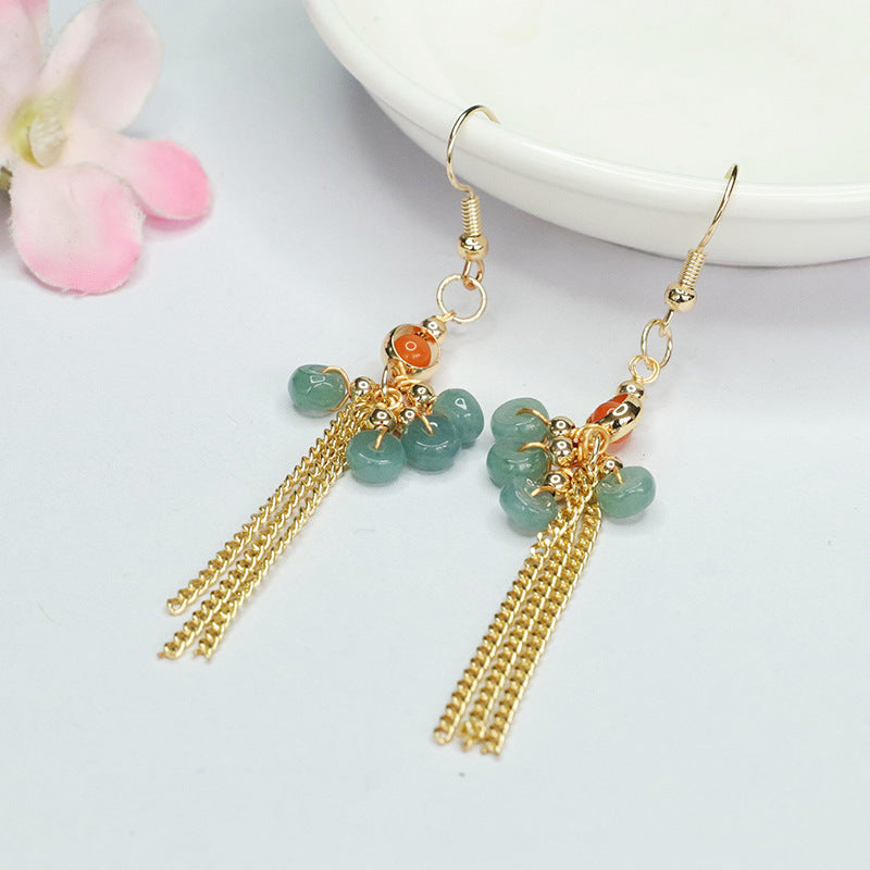 Ancient Style Natural Jade Earrings with Blue Abacus Beads and Tassel Earhook