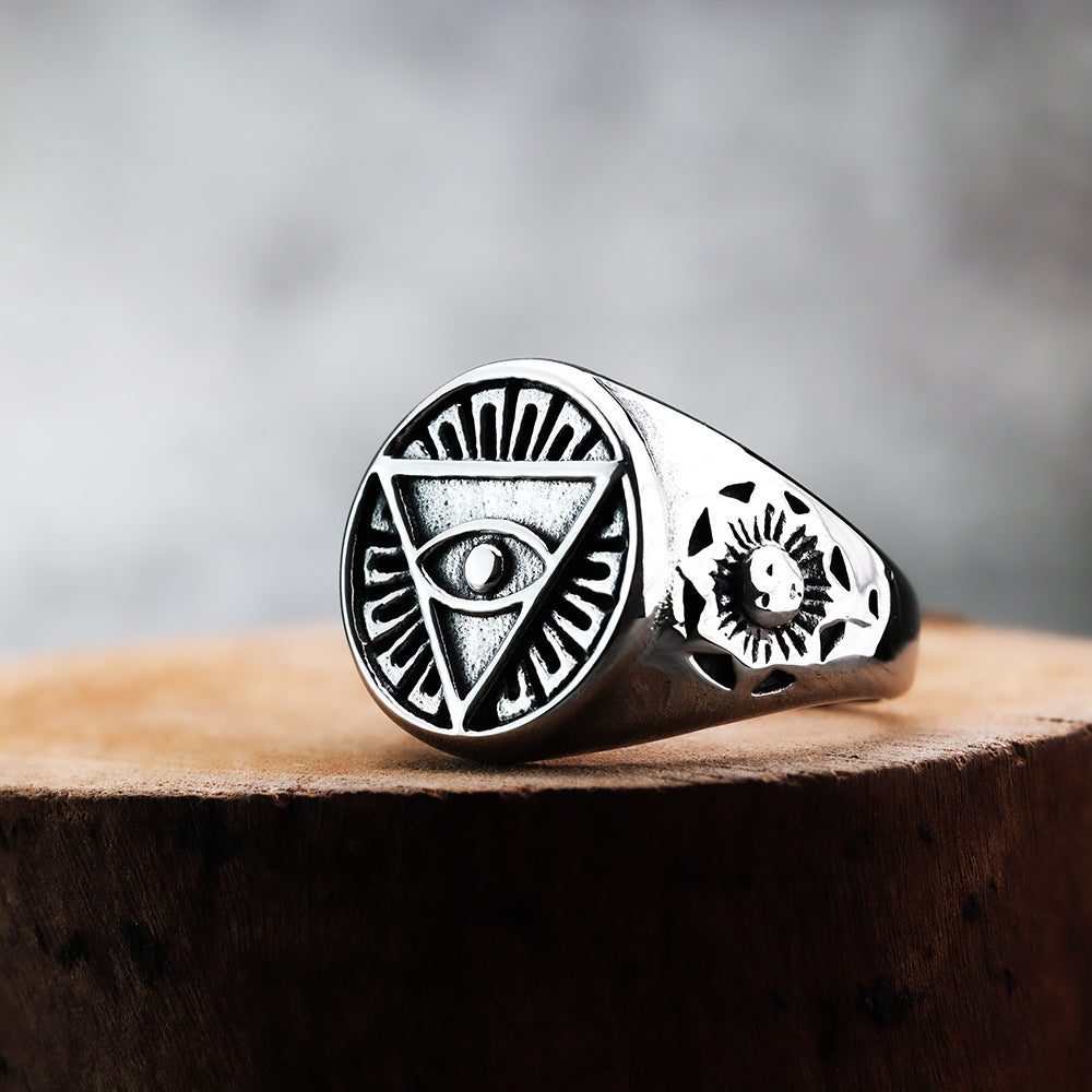 Planderful Masonic Ring For Men Premium Polished Titanium Steel With Eye Of God Sun Ray Motif