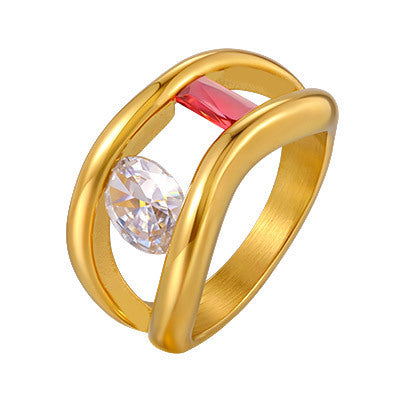 Stainless Steel Wave Lips Two-Color Zircon Ring