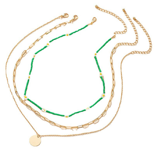 Green Floral Beaded Clavicle Chain Necklace Set - Three-Layer Medal Necklace