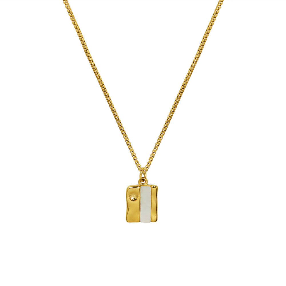 French Seashell Square Pendant Necklace with 18k Gold Box Chain