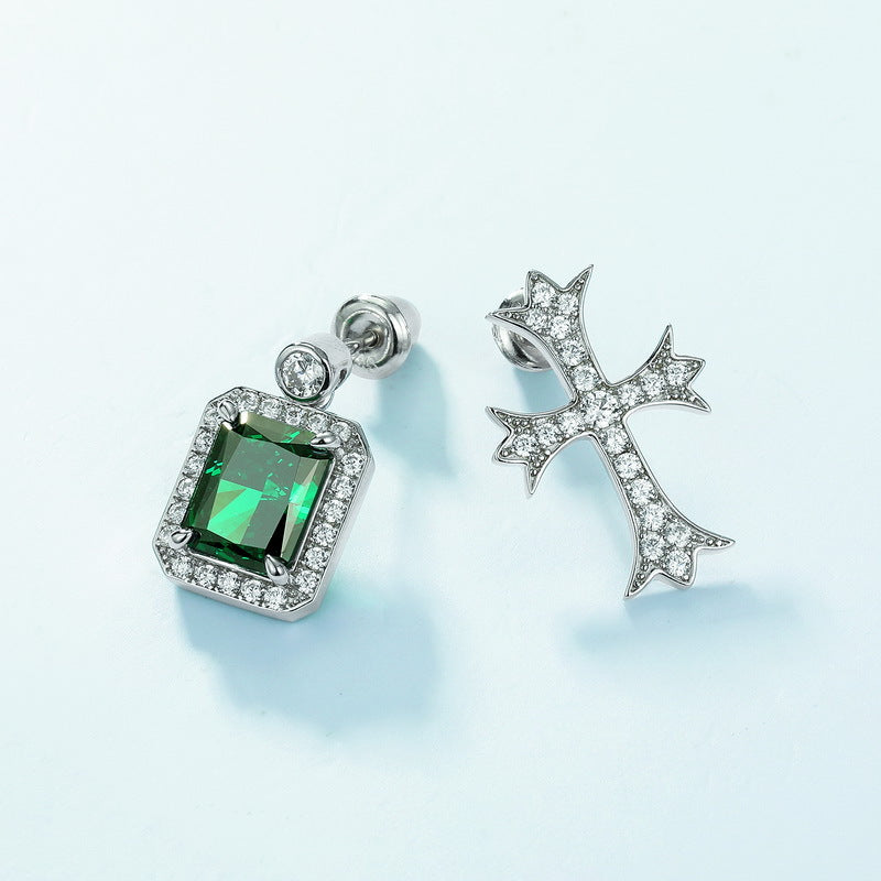 S925 Sterling Silver High-Carbon Stone Asymmetric Stud Earrings