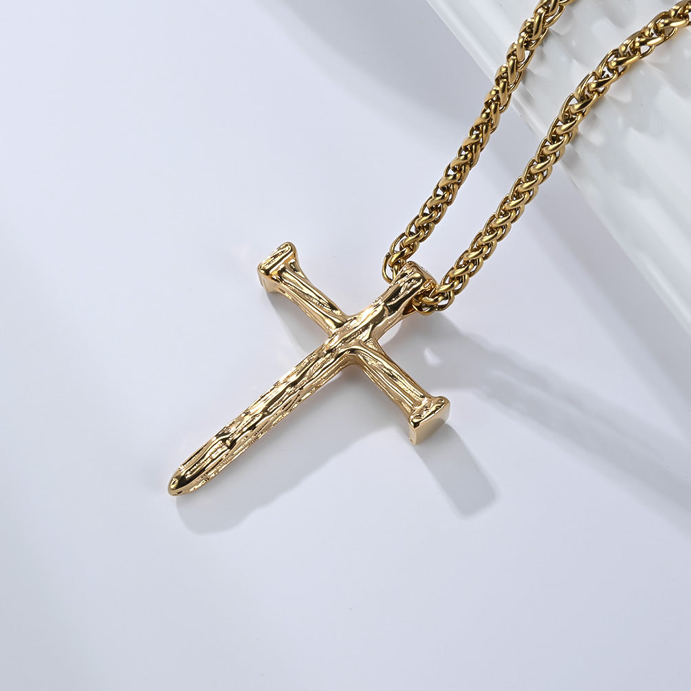 Planderful Wood Grain Cross Necklace For Men Vintage European American Style Titanium Steel Pendant Jewelry