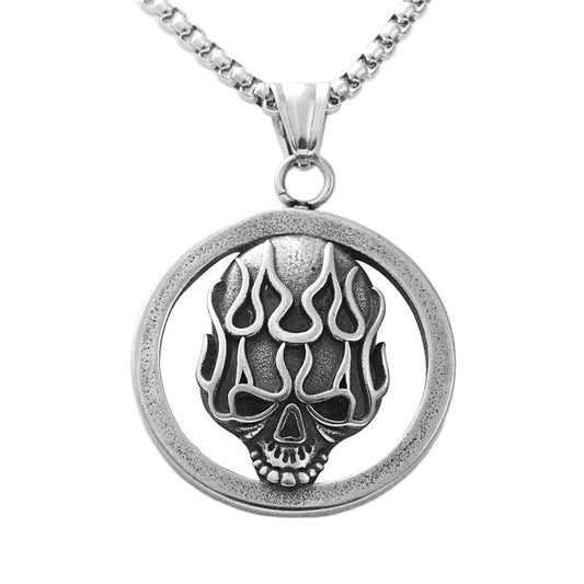 Personalized Retro Punk Skull Pendant Necklace for Men - Titanium Steel Flame Design