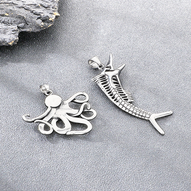 Popular Marine Life Octopus Pendant, Punk Style Old Smear Hollow Fish Bone Titanium Necklace