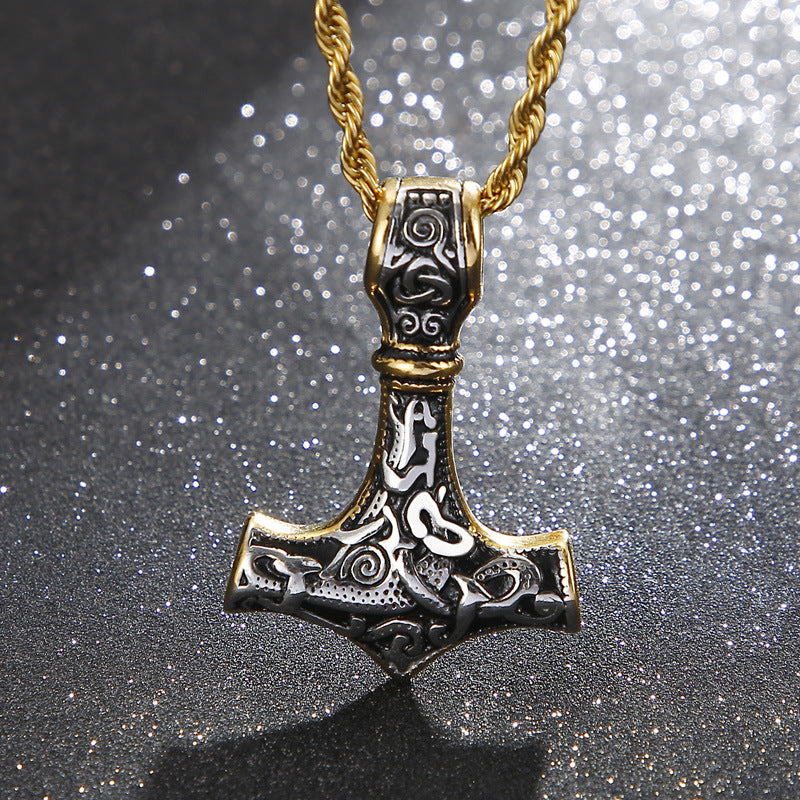 Men's Vintage Thor's Hammer Skull Necklace, Customizable Titanium Steel Pendant, Various Designs Available for Men