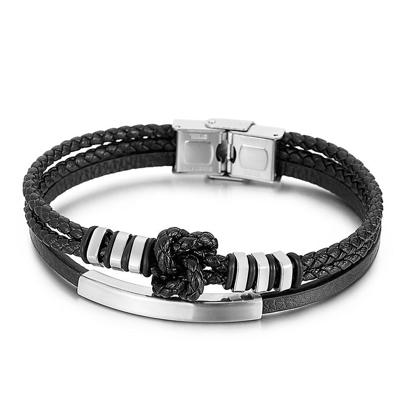 Planderful Handwoven Mens Leather Rope Bracelet Stainless