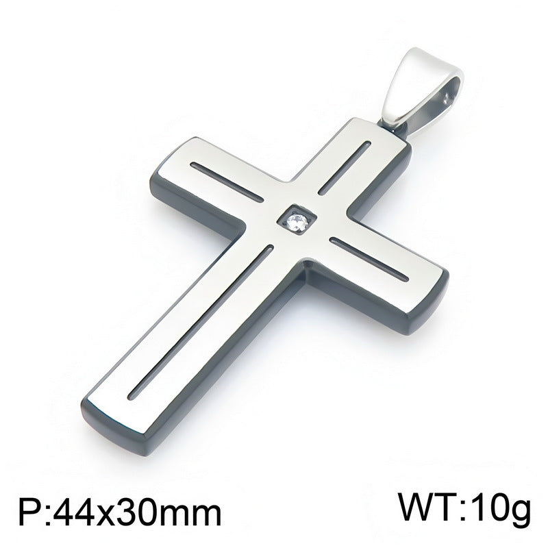 Popular Slotted Line Zircon Cross Titanium Steel Pendant Retro Contrasting Color Stainless Steel Necklace